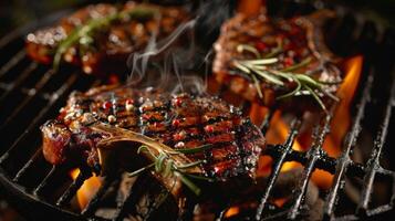 The smell of wood smoke mingles with the aroma of grilled meats creating a mouthwatering scent. 2d flat cartoon photo