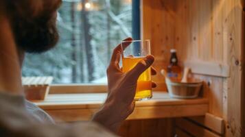 A person checking their urine color after a sauna session with an explanation of how to monitor hydration levels through urine. photo