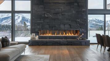 The dark stone of the fireplace contrasts beautifully with the light wood floors and the panoramic view of soaring mountains provides a breathtaking backdrop for family 2d flat cartoon photo