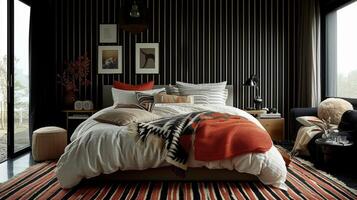 A neutral bedroom gets a bold twist with a feature wall made of graphic black and white stripes creating a striking focal point in the room photo