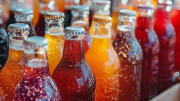 A display of different types of handmade sodas ranging from bright red strawberry to deep purple elderberry photo