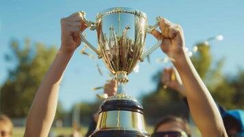 un Deportes liga trofeo siendo con orgullo retenida arriba por un grupo de jugadores exhibiendo el logro y éxito ese lata ser alcanzado mediante sobrio participación foto