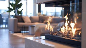 With a reflective fireplace surround the room is filled with a warm and inviting atmosphere. 2d flat cartoon photo