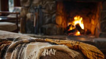 A picture of an open fireplace with a few logs burning and a couple of blankets tossed over the nearby couch photo