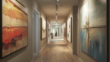 A hallway with upgraded track lighting illuminating the artwork on the walls and giving the space a galleryinspired feel photo