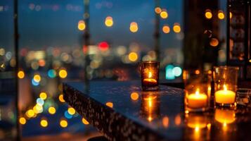 As the night deepens the city lights below become even more mesmerizing from the candlelit rooftop bar. 2d flat cartoon photo