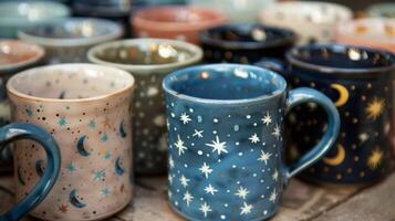 A set of ceramic mugs adorned with a repeating pattern of tiny stars and moons. photo