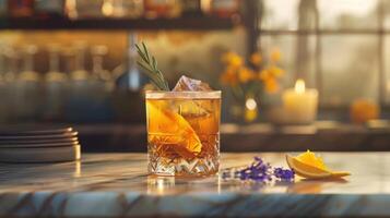 un Mocktail infundido con es y botánicos servido en un sofisticado y de inspiración vintage vaso elevando el saboreo experiencia foto