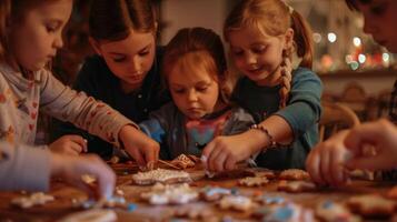 un grupo de niños reunido alrededor un mesa ansiosamente decorando galletas como parte de el pubs semanal familia arte noche foto