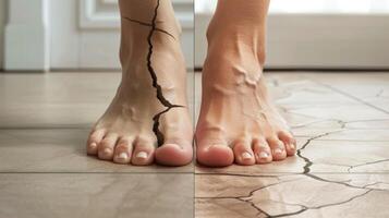 A sidebyside comparison of a womans feet one side exhibiting dry and cracked heels while the other shows renewed smoothness and hydration from skin rejuvenation therapy. photo