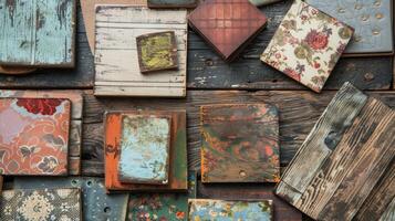 A display of different types of DIY coasters made from materials such as wooden tiles fabric and decoupage photo