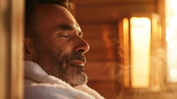 Closeup of a mans relaxed expression as he leans back against the warm sauna wall finding relief from back pain. photo