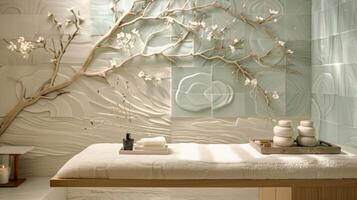 A serene ceramic wall installation featuring delicate branches and soft pastel hues creating a soothing ambiance in a spa. photo