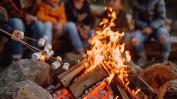 A group of parents and kids gathered around a campfire at an alcoholfree camping playdate roasting marshmallows and telling stories photo