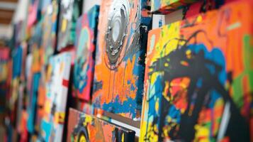 A colorful and eclectic display of finished paintings from past sober paint and sip classes showcasing the diversity and creativity of each participant in the class photo