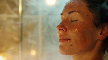 como el calor permea su piel el mujer toma profundo respiraciones utilizando el sauna a lanzamiento tensión y preparar para Más adentro meditación. foto