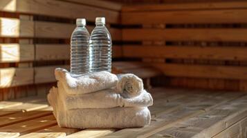 A stack of towels and a bottle of water essential items to have when using the sauna. photo