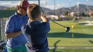 A student takes a swing at a driving range while their coach adjusts their stance and posture for better power and control photo