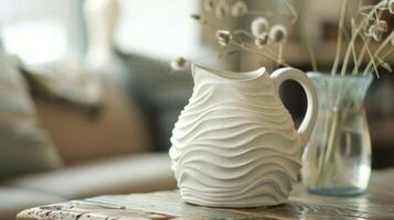 A ceramic pitcher with a handcarved texture resembling waves creating a tactile and visually pleasing element to the piece. photo