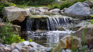 A small waterfall feature trickles in the background creating a gentle and calming ambient sound. 2d flat cartoon photo