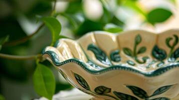 A flowershaped ceramic dish featuring a whimsical pattern of trailing vines and leaves. photo