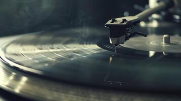A record player spinning a cherished album as the needle delicately glides over the grooves photo