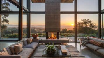 A contemporary fireplace is perfectly positioned to take in the sunrise over the distant rolling hills framed by expansive windows. 2d flat cartoon photo