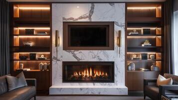 A sleek and contemporary fireplace design featuring a marble tile surround and builtin bookshelves on either side. The warm glow of the fire creates a striking contrast 2d flat cartoon photo