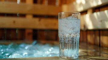 un vaso de enfriado agua se sienta cerca Perfecto para quedarse hidratado y frio en el calentar sauna ambiente. foto