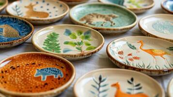 A set of slabbuilt ceramic plates each with a whimsical handpainted design of various animals and nature scenes. photo