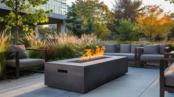 The sleek and stylish design of the fire pit is enhanced by the reflective surfaces of nearby planters and outdoor furniture creating a visually stunning outdoor space. 2d flat cartoon photo