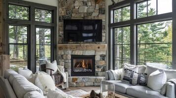 A compact stone fireplace nestled perfectly in the corner bringing a rustic charm to the space. 2d flat cartoon photo