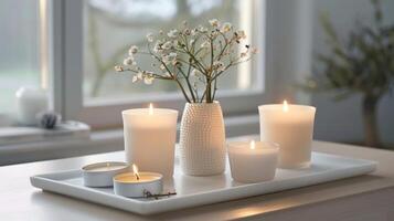 With a mix of scents like jasmine and rose a collection of candles on a modern tray makes the perfect gift for a loved ones home. 2d flat cartoon photo