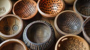 A series of bowls with different surface carvings ranging from simple dots to complex tribalinspired symbols. photo