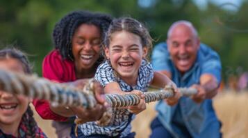 A game of tugofwar is taking place with parents and children on opposite sides laughing and competing in goodnatured fun photo