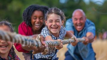 A game of tugofwar is taking place with parents and children on opposite sides laughing and competing in goodnatured fun photo