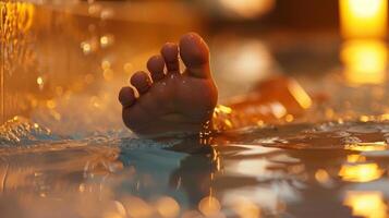 A persons foot submerged in a warm bath as the soothing heat trates deep into their muscles promoting relaxation and rejuvenation. photo