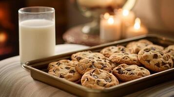 un bandeja de recién horneado galletas todavía calentar desde el horno Listo a ser disfruté con un alto vaso de Leche mientras rizado arriba en el sofá foto