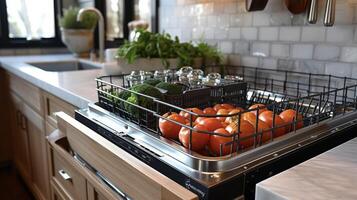 Detailed view of a builtin dishwasher installed beneath the kitchen sink maintaining a minimalist look while providing convenient access for loading and unloading photo