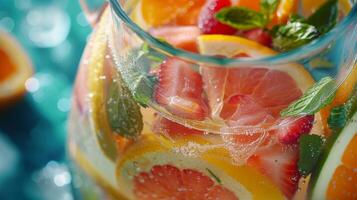 A closeup of a pitcher containing a delicious and hydrating fruitinfused water surrounded by slices of fruit and floating herbs photo