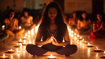 asanas realizado con gracia y tranquilidad en medio de el calmante ligero de el velas 2d plano dibujos animados foto