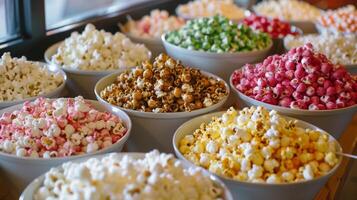 un variedad de palomitas de maiz sabores desde dulce a sabroso para invitados a bocadillo en mientras acecho el película trozos escogidos foto