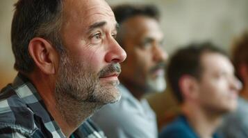 A group of men at a support group meeting listening and offering empathy to one anothers struggles photo