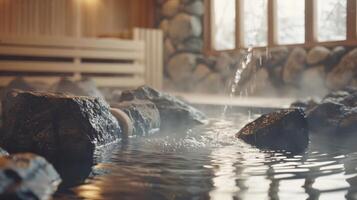 un pacífico y sereno ajuste con individuos tomando vueltas torrencial agua terminado caliente sauna rocas liberando vapor y creando un refrescante teutico atmósfera. foto