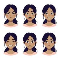 Girl's emotions - set. Cute beautiful girl smiling, angry, sad vector