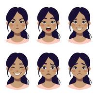 muchachas emociones - colocar. linda hermosa niña sonriente, enojado, triste vector