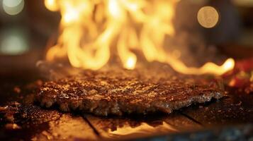 A fiery scene as a gyro sizzles on the grill the flames dancing and caramelizing the perfectly seasoned meat to perfection photo