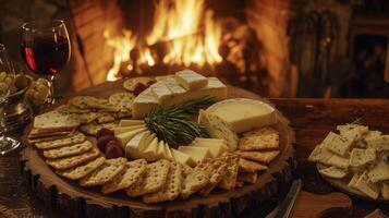 A charming display of cheese and crackers arranged in a whimsical pattern next to a roaring fire that adds an extra touch of warmth to the dish photo
