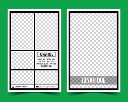 This is a modeling comp card. Its size is 5.5 - 8.5. It is a modern, sleek, and elegant design comp card vector