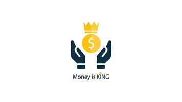 flat design finance icon for business, containing coins and crowns and the words money is king, suitable for logos and wallpaper or financial business icons vector